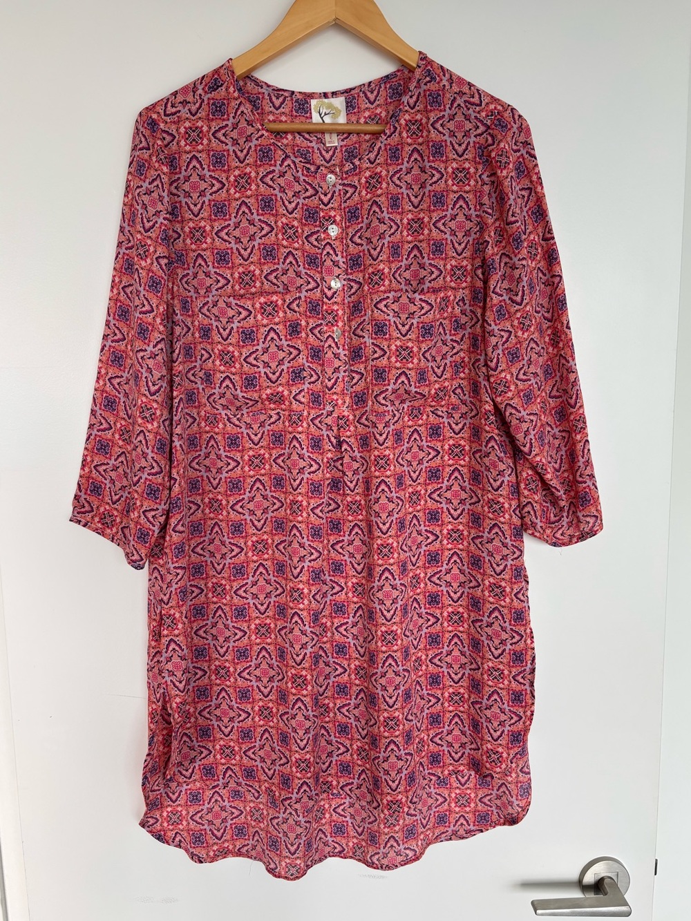 Fig and Flower 21” PTP Patterned Button-Front Tunic Top, Pink/Purple, Size Large
